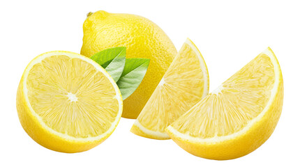 Obraz premium Delicious lemon fruit with cut pieces and natural leaves, isolated on transparent cutout background