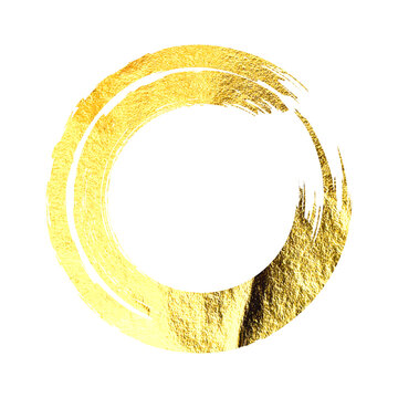 Golden grunge circle, brush stroke, line, ink smudge, hand-drawn scribble shape. Handmade sketchy mark, acrylic stains, charcoal streaks. Paint textures, dry brush effect. Vector illustration
