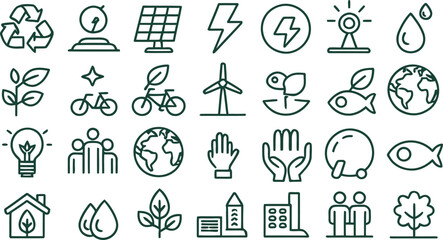 Fototapeta premium Ecology and Renewable Energy Green Line Icons