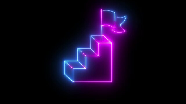 Glowing neon Success stairs sign with flag icon animation Neon glowing Person Climbing Stairs Towards Success flag, Success flag animation on grid background. Glowing neon animation of climbing stairs