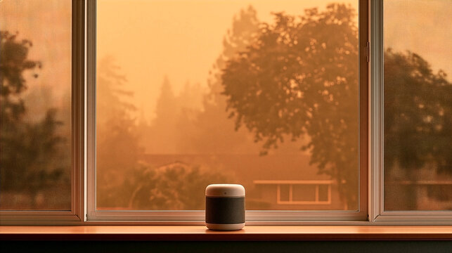 Smart Air Purifier on Windowsill During Wildfire Smoke Event with Hazardous Outdoor Air Quality