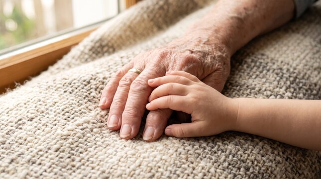 Candid gentle hands sharing intergenerational comfort AI generated