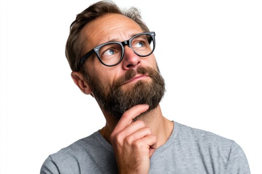 Pensive man with eyeglasses holding chin on white background