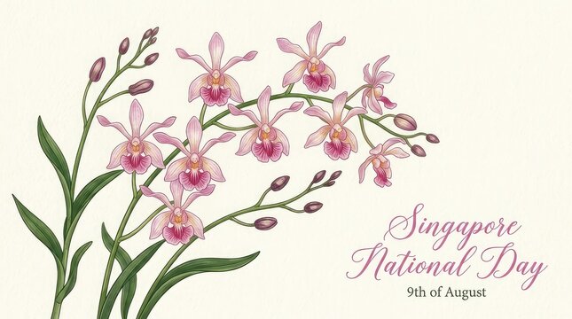 Singapore National Day 9th of August banner with Vanda Miss Joaquim national orchid flowers
