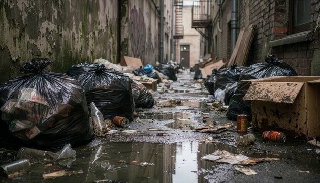 Narrow alley filled with accumulated trash and dirty water.