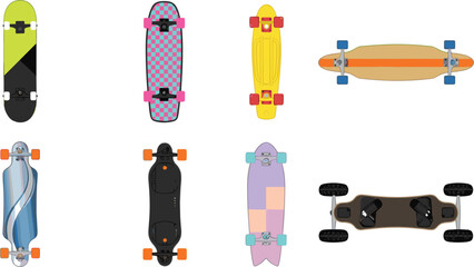 Skateboard and Longboard Vector Set Featuring Various Styles Like Penny Board Cruiser Electric Skateboard and Offroad Mountain Board Top and Bottom Views © MdRashed