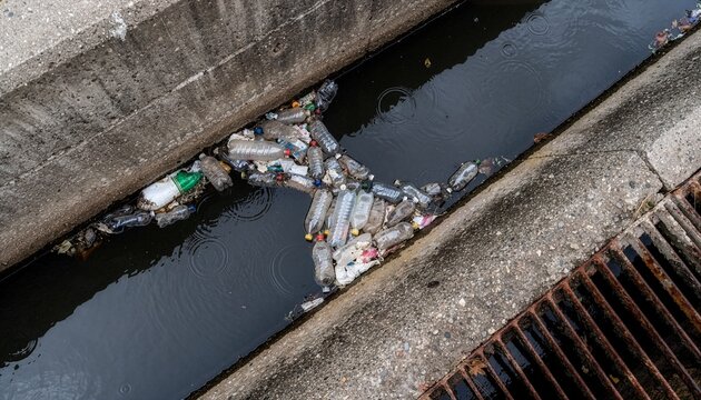 Drainage system clogged with plastic waste, stagnant dark water, bottles and packaging tightly packed.
