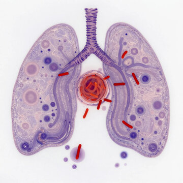 Lung histopathology (Ziehl-Neelsen stain) showing a caseating granuloma with a central necrotic area (caseous necrosis)