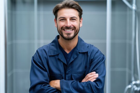 Friendly male plumbing technician posing inside bright stylish bathroom