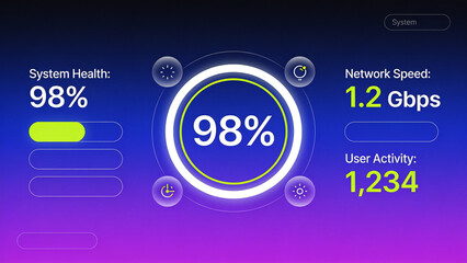 Naklejka premium Modern digital dashboard interface displaying system health, network speed, and user activity