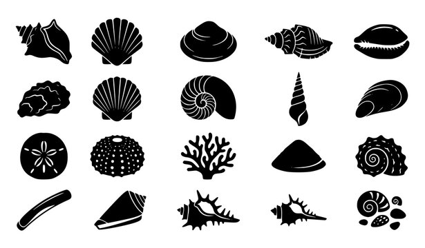 Minimalist Seashell Silhouette Icon Collection for Beach Summer and Coastal Decoration