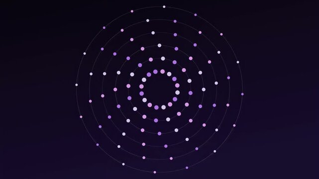 Abstract animated talent pool orbiting in circles drawn as violet and blue lines and dots on a deep dark background. Seamless looping 4K video element with free space around it, ideal for business pre
