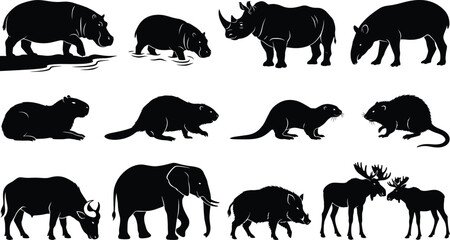 Fototapeta premium Wild Mammal Silhouette Collection with Elephant Rhino Hippo and Forest Animal Icons for Nature Graphic Design Projects