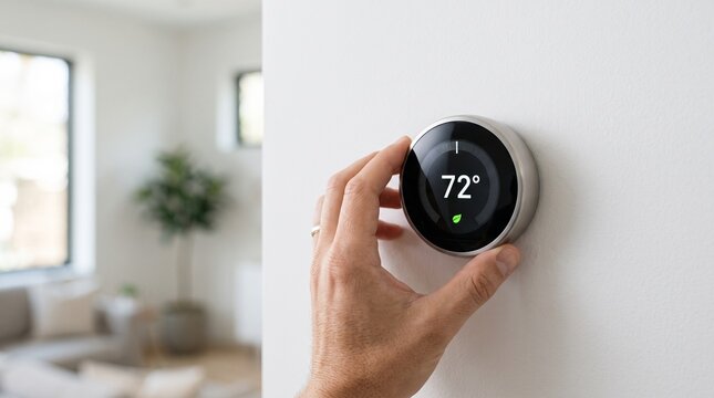 Hand adjusting smart thermostat. Person controlling home temperature with digital device.
