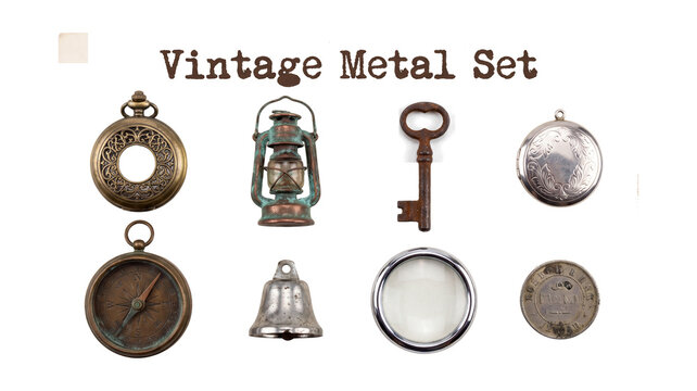 Vintage metal set containing eight realistic antique trinkets like a brass pocket watch and copper lantern design elements on white