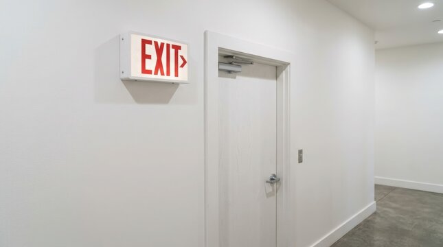 Illuminated red exit sign mounted on white wall next to a closed door in a modern office hallway