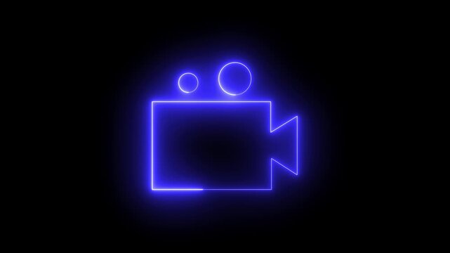 Glowing neon video-camera icon isolated on black background. neon blue video conference camera icon loop on a transparent alpha channel background .