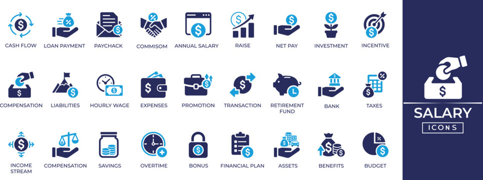 Salary and finance solid vector icons set. Commission, expense, deduction, financial goal, incentive, and wealth management symbols collection.