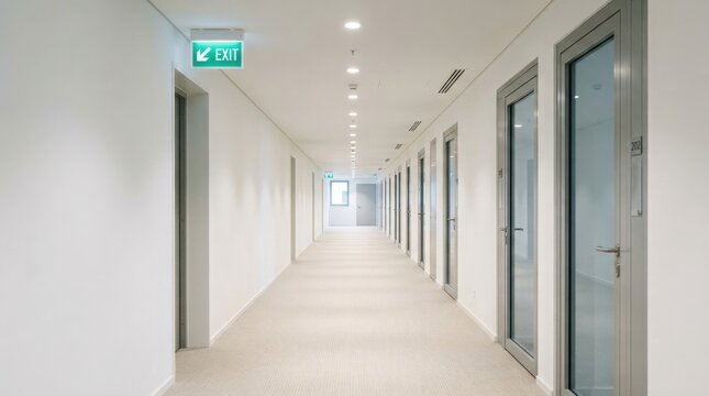 Long empty corridor in modern office building with green exit sign and glass doors