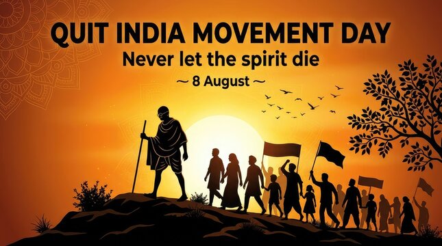 Quit India Movement Day 8 August sunset silhouette banner with Mahatma Gandhi and marchers
