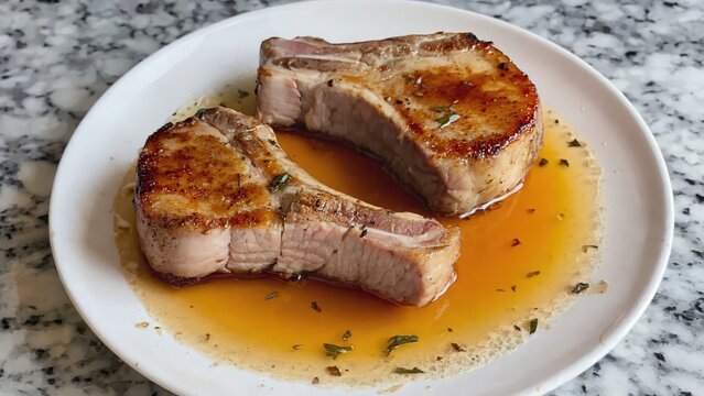 Seared pork chop plated with pan sauce