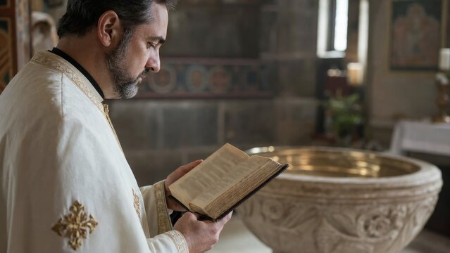 Priest reading baptism prayers in subtle evening light with over shoulder view and detailed stock