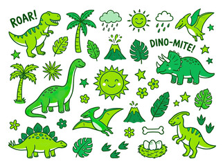 Cute cartoon dinosaurs and prehistoric elements set © caca