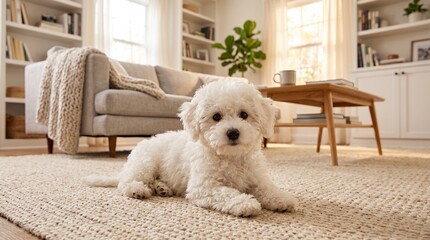 Naklejka na ściany i meble Adorable white puppy lying on cozy rug in modern living room. Fluffy small dog resting on soft carpet near home furniture and decor.