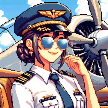 Pixel art female pilot wearing sunglasses and uniform posing in front of vintage airplane propeller