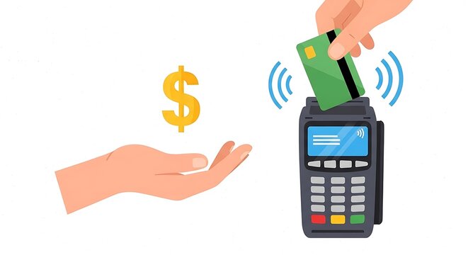 Hands performing contactless payment with credit card and dollar sign