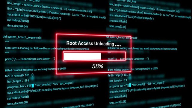  Cyber Security Hacker Terminal with root access uploading Alert and Matrix Code Background Motion Graphics