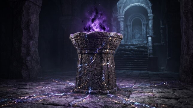 Ancient Stone Ritual Brazier with Violet Magical Flame Inside Forgotten Black Magic Temple Surrounded by Arcane Energy and Dark Fantasy Atmosphere