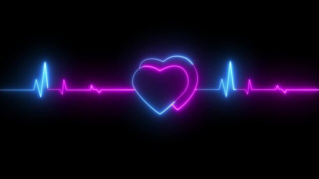 Glowing neon love heart beat line animation and black background. loop motion animate 4K video footage.neon heartbeat animation on black background .