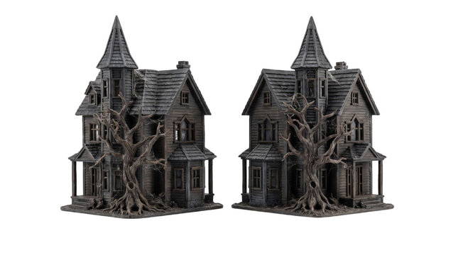 Two miniature spooky haunted house models with dead trees for halloween decor isolated on transparent background