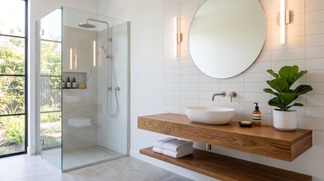 Modern Minimalist Bathroom Interior with Wooden Vanity and Glass Shower