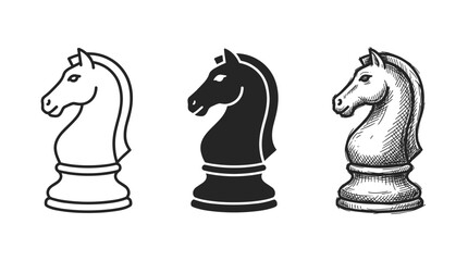 Three chess knight pieces, featuring a horse head design, shown in outline, solid black, and hand-drawn sketch styles, representing strategy and game elements. © KirST