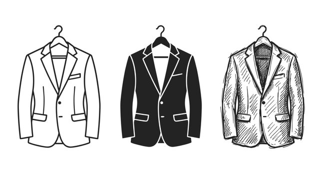 Suit jackets icons on hangers in line art, solid black, and rough sketch styles