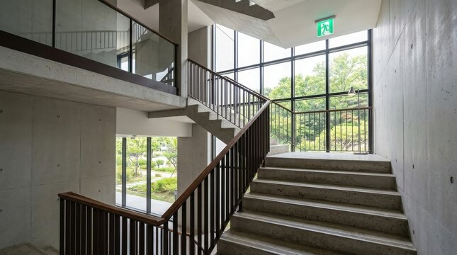 Modern concrete staircase in building with large window view and green emergency exit sign