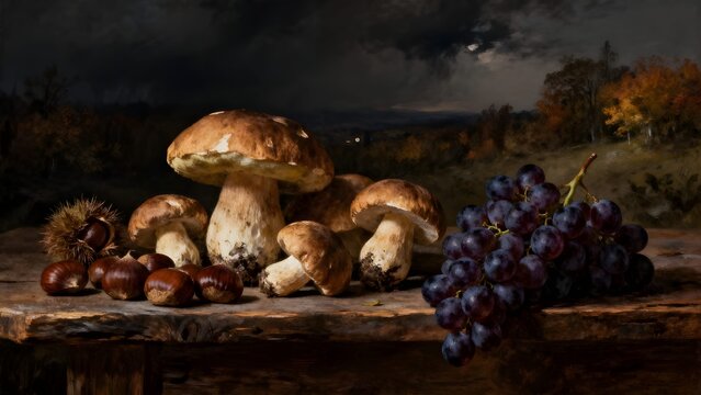 Autunno: composizione o natura morta con funghi porcini, castagne ed uva