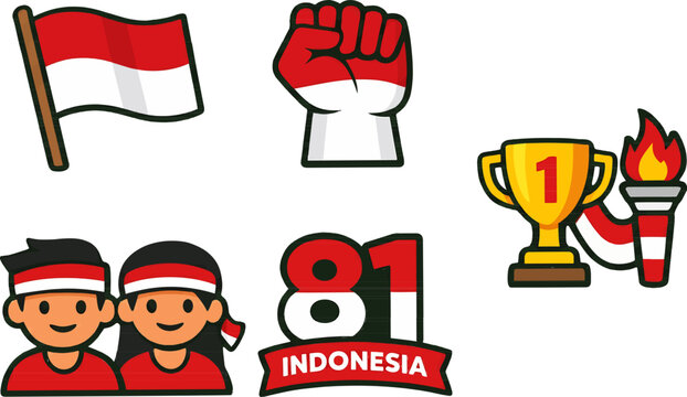 Indonesian Independence Day Flat Icon Collection Flag Torch Trophy 81st Anniversary
