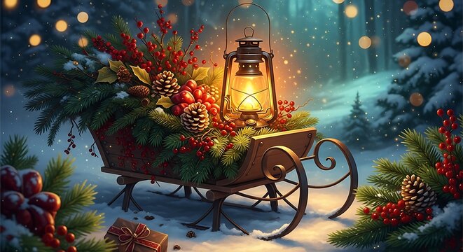 Christmas sleigh filled with pine branches, pinecones, red berries, and a glowing vintage lantern in a snowy forest with bokeh lights