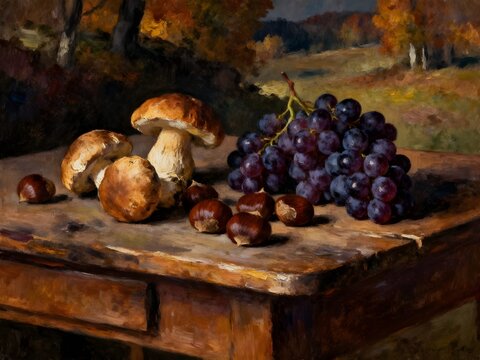 Autunno: composizione o natura morta con funghi porcini, castagne ed uva