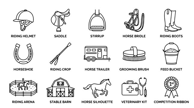 Equestrian horse riding icons set, 15 black line vector elements for stable and horse care, professional horse racing and grooming equipment
