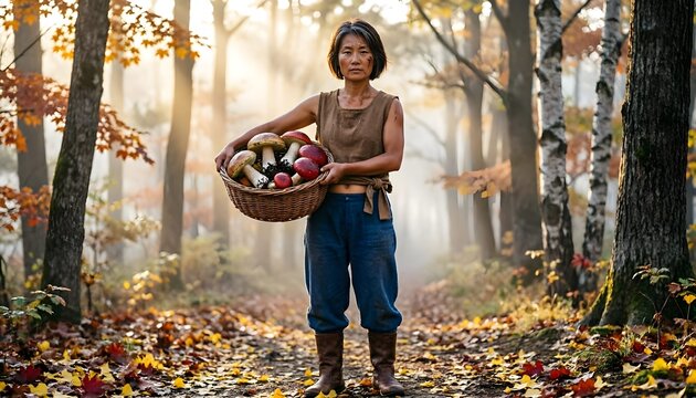 Autunno: donna di montagna che raccoglie funghi porcini