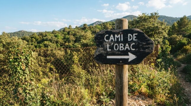 Rustic wooden sign cami de lobac pointing right on a hiking trail in a forest