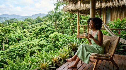 Obraz premium Woman enjoying coffee on a balcony overlooking a lush tropical rainforest