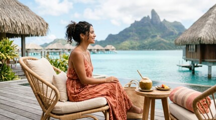 Obraz premium Woman relaxing in a tropical paradise with overwater bungalows and mountains