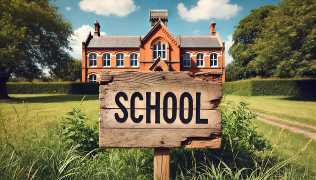 Weathered Wooden School Sign in Front of Brick Schoolhouse