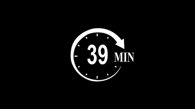 White circular timer icon indicating five minutes countdown with arrow on black background 39 minutes clock.