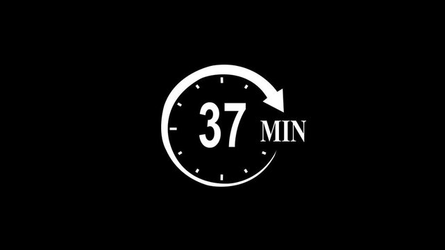 White circular timer icon indicating five minutes countdown with arrow on black background 37minutes clock.